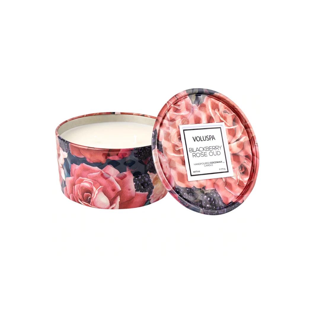 Voluspa - 2 Wick Tin Candle 6oz - Blackberry Rose Oud 3 Voluspa - 2 Wick Tin Candle 6oz - Blackberry Rose Oud